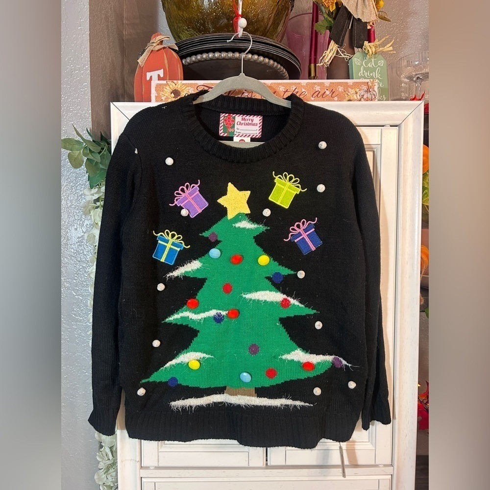 Christmas Sweater Stretchy Holiday Cozy Party Medium Black Light-Up - Picture 2 of 8